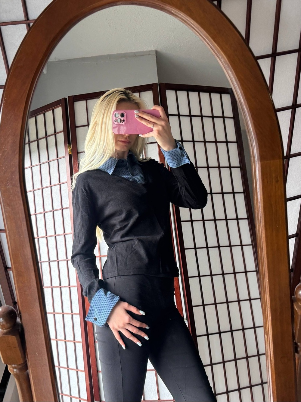Black Layered-Look Sweater with Blue Shirt Details